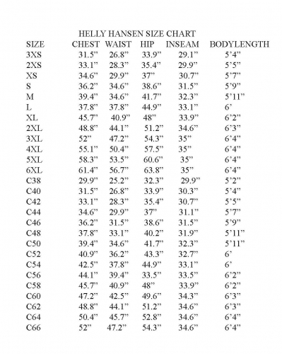 Helly Hansen Size Chart